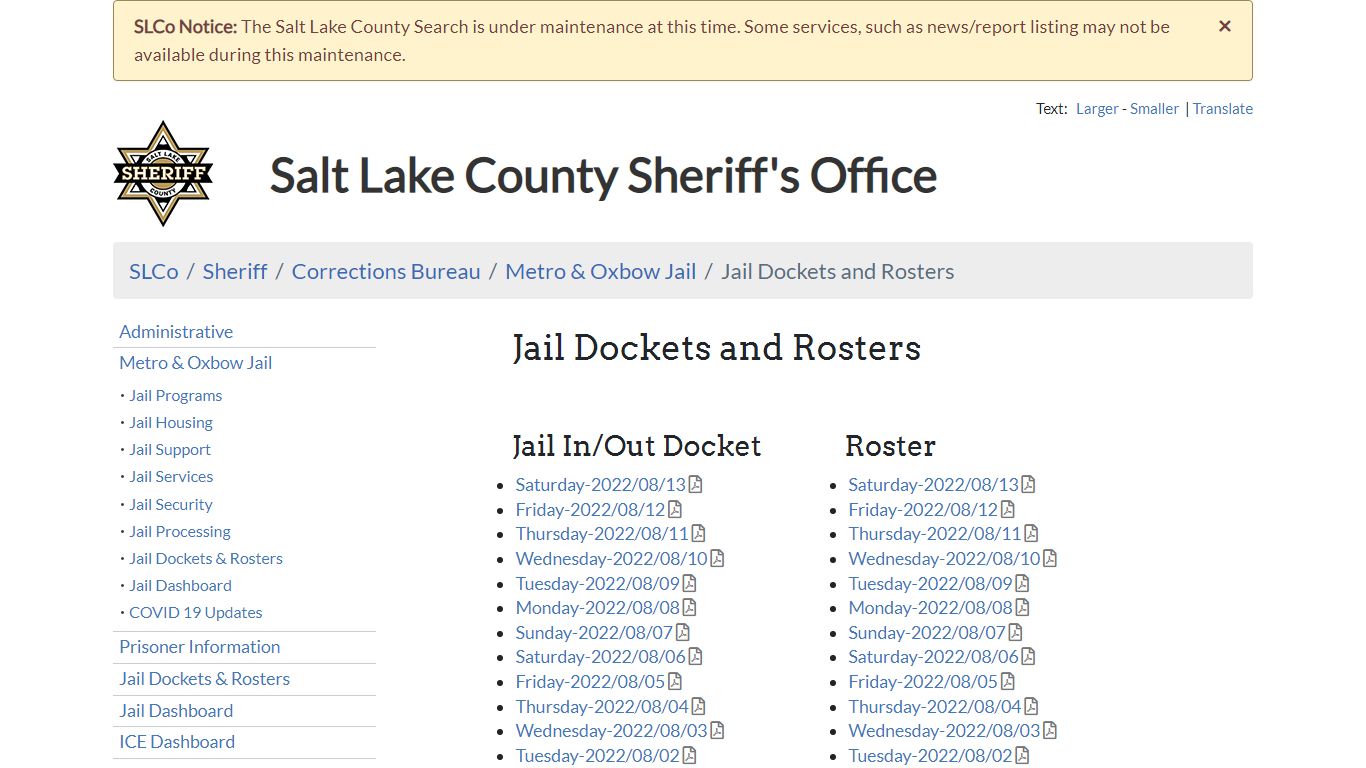 Jail Dockets and Rosters - Sheriff | SLCo